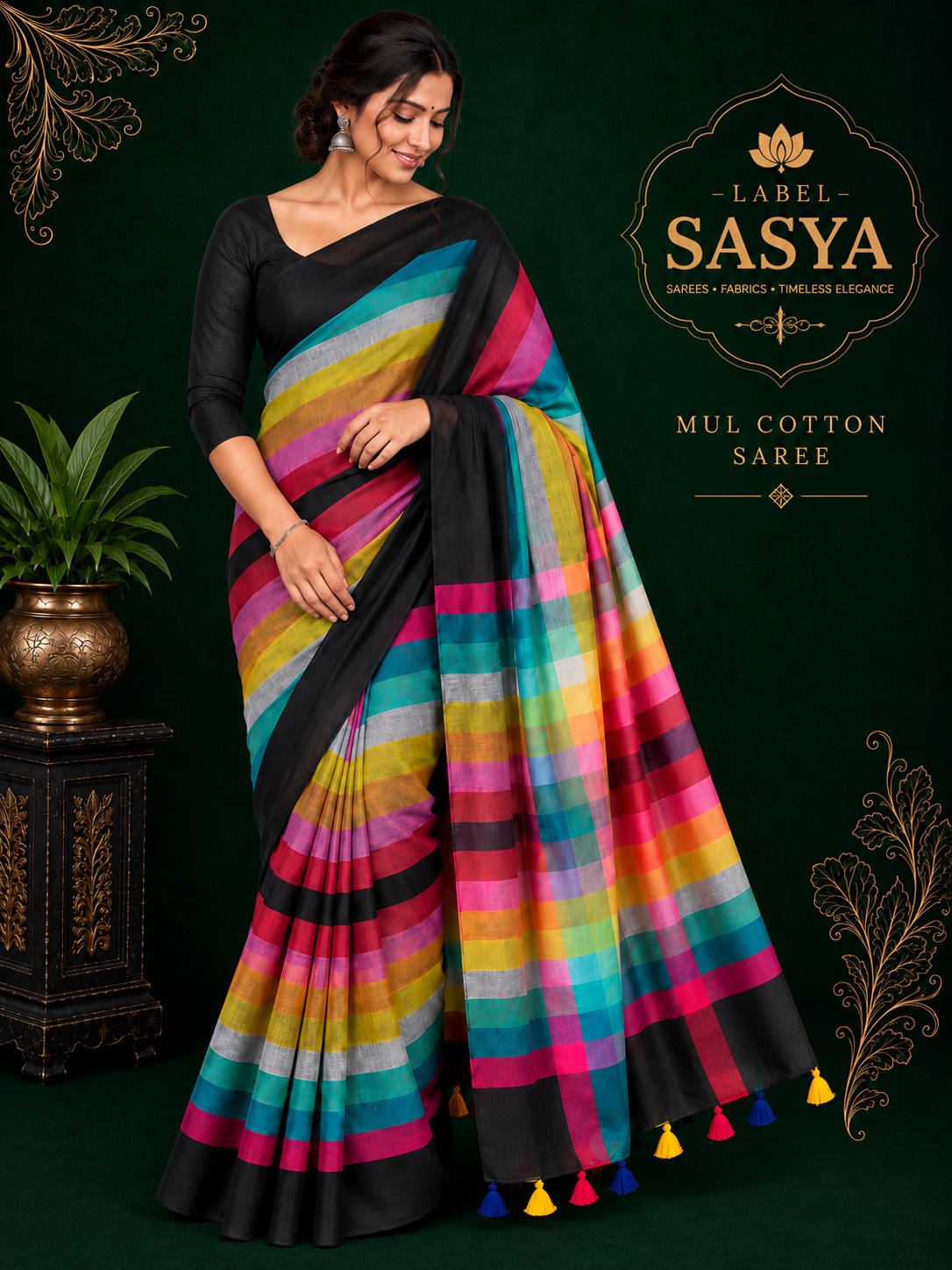 PREMIUM MUL COTTON SAREE BLACK AND YELLOW BUTTAS