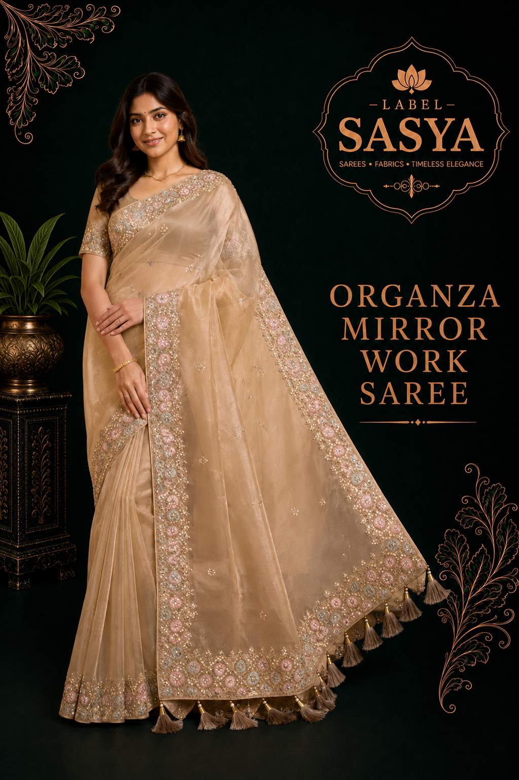PREMIUM MIRROR WORK SAREE CREAM COLOUR