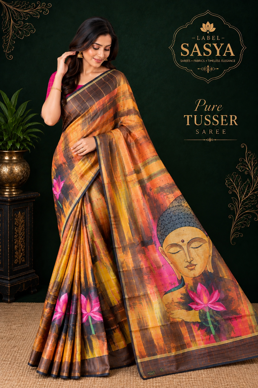PREMIUM TUSSER CHECKS SAREE YELLOW AND BLACK