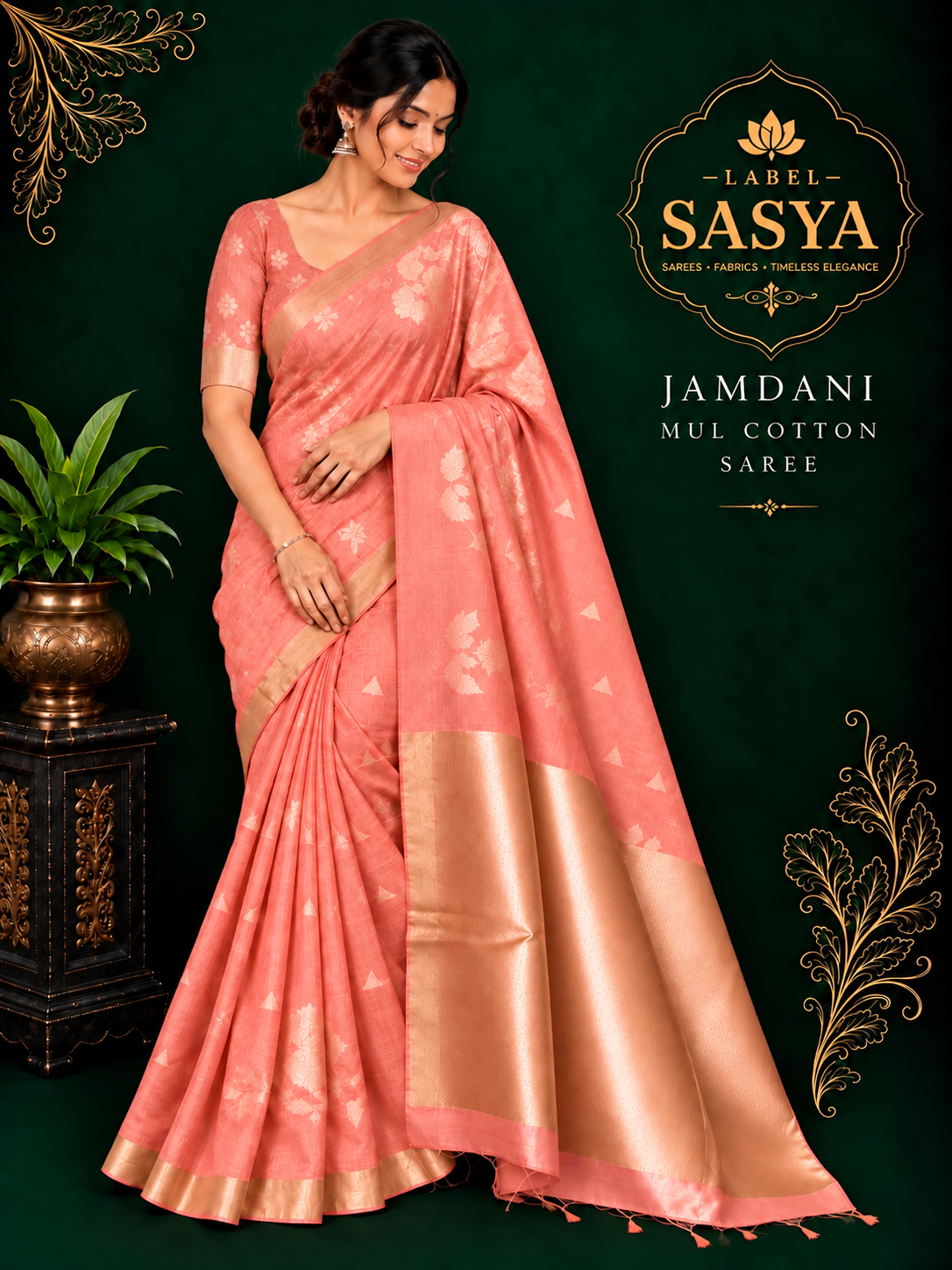 PREMIUM JAMDANI  MUL COTTON  PEACH AND ORANGE SAREE
