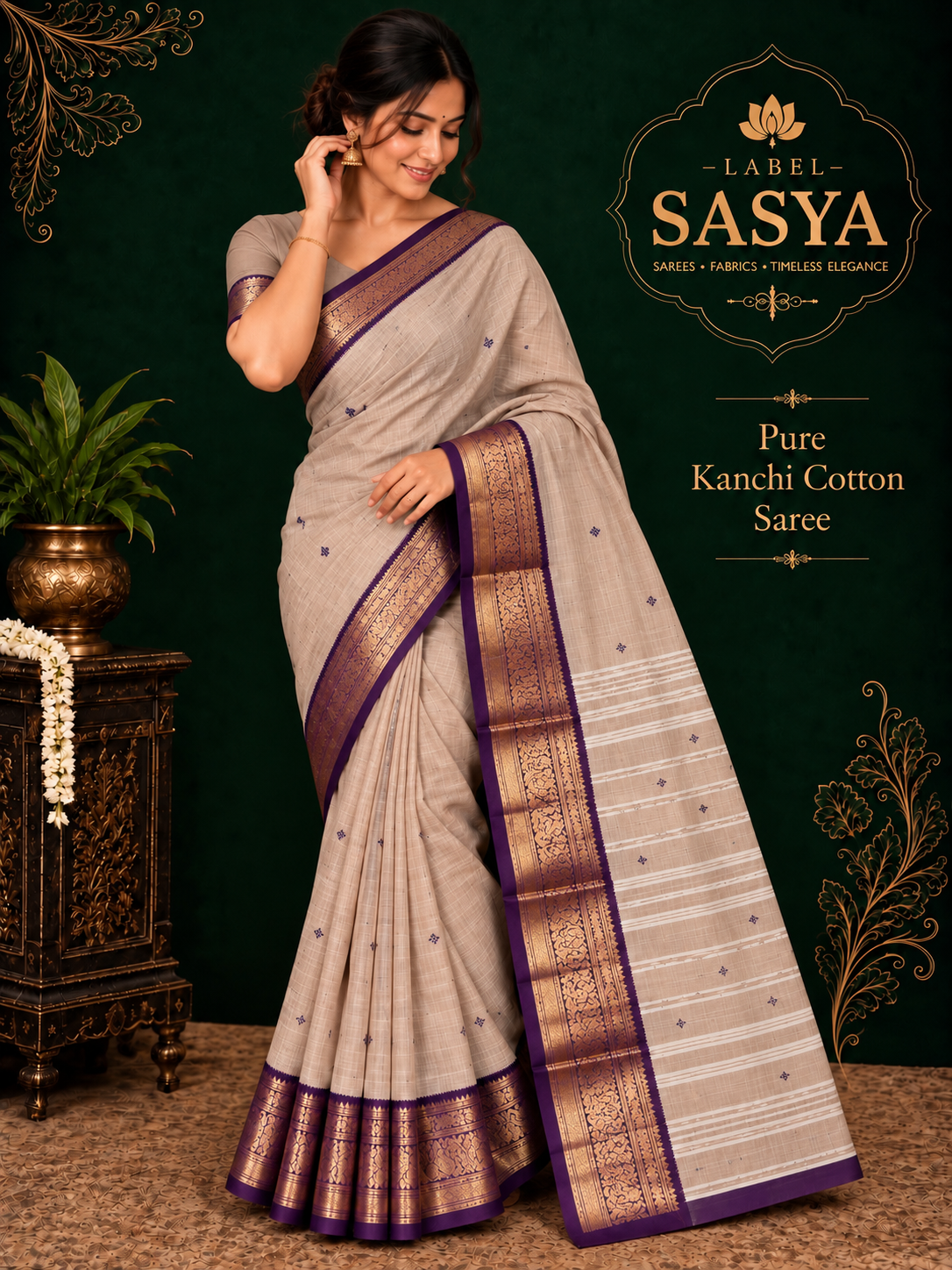 PREMIUM  PURE KANCHI COTTON SAREE BIG BORDER LIGHT SANDAL COLOUR