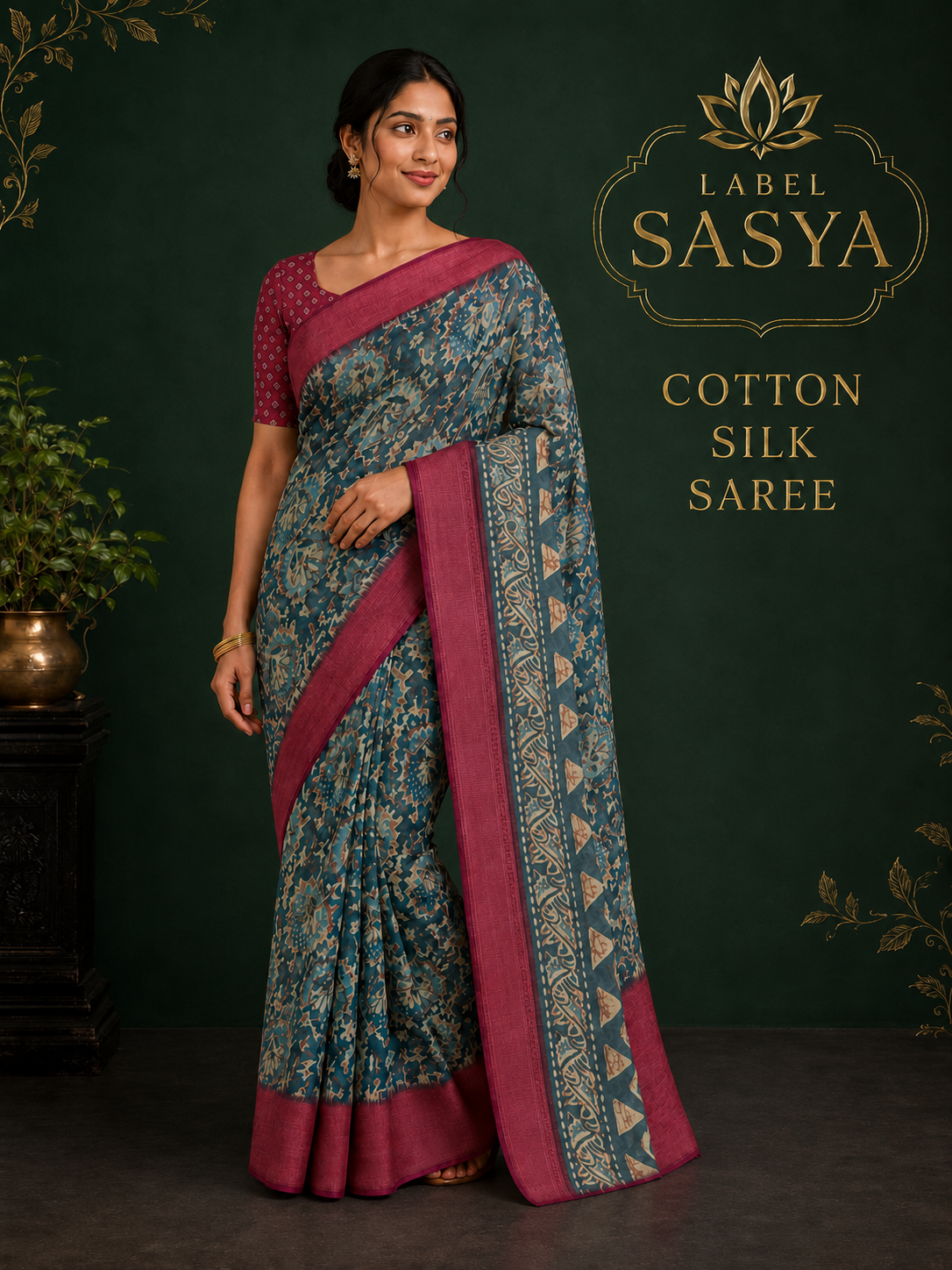 HERITAGE SILK COTTON SAREE BLUE AND MENGANTA BORDER