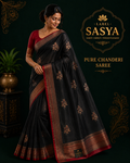 PREMIUM PURE CHENDERI HANDWOVEN BLACK AND RED BORDER SAREE