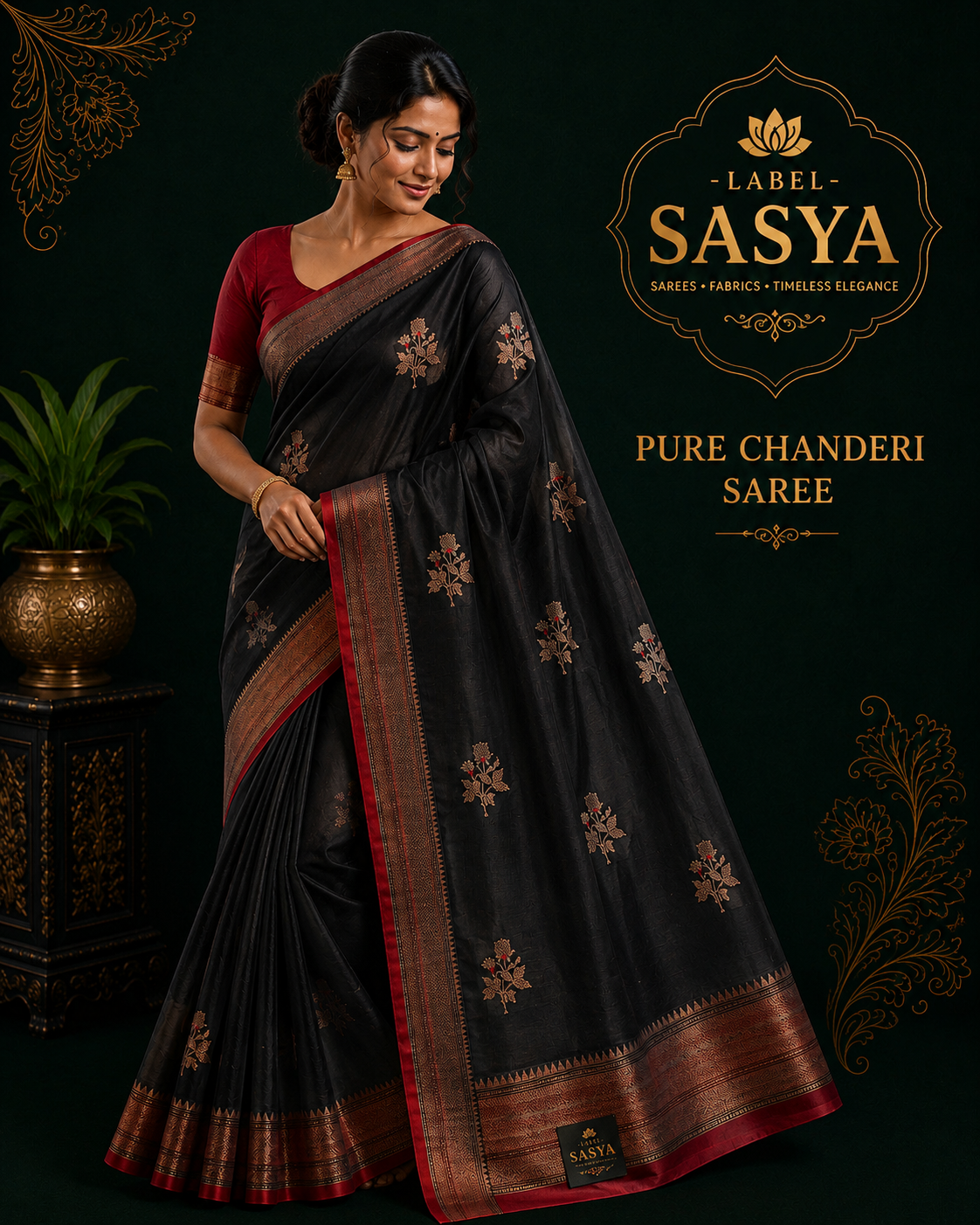 PREMIUM PURE CHENDERI HANDWOVEN BLACK AND RED BORDER SAREE