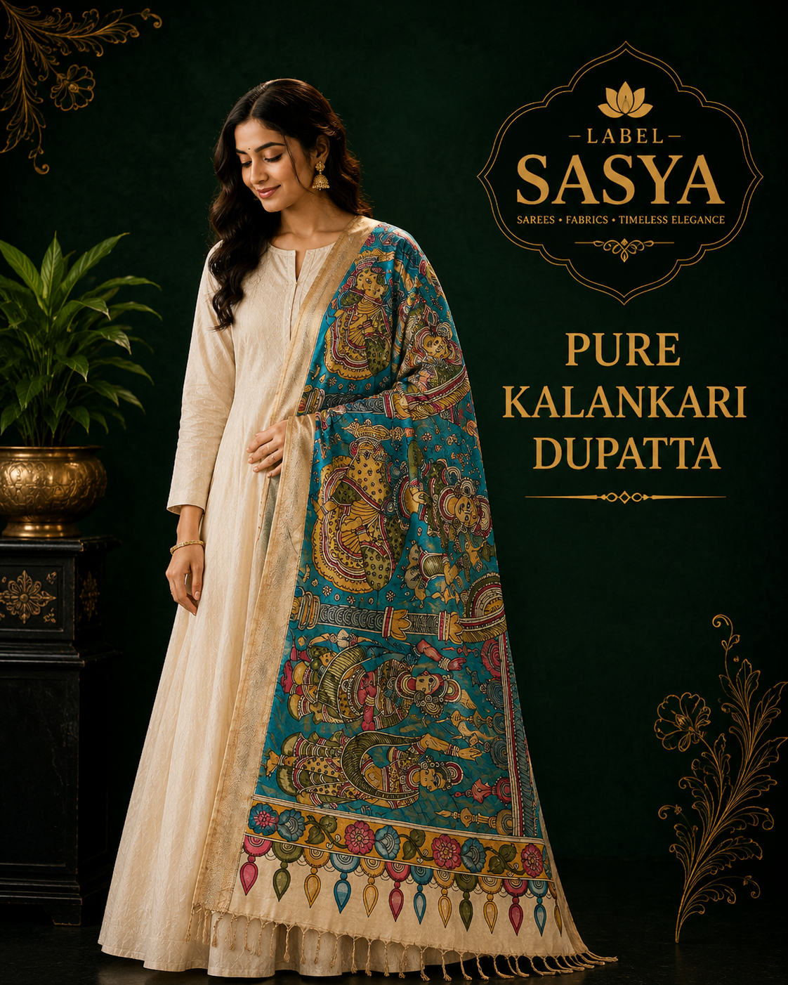 PREMIUM PURE KALANKARI BLUE AND OFF WHITE BORDER DUPATTA