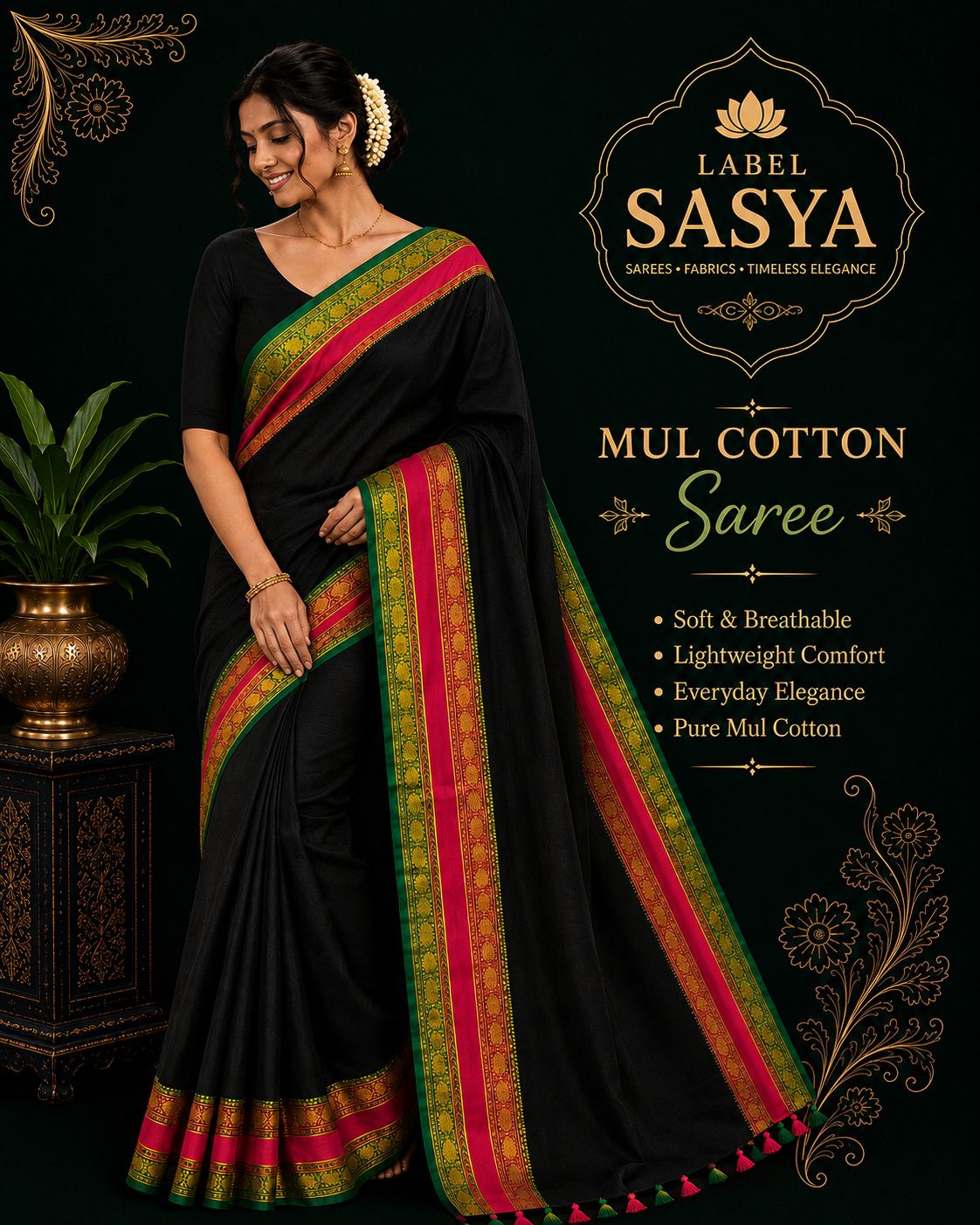 PREMIUM BLACK MUL COTTON SAREE WITH KANCHI  GREEN BORDER
