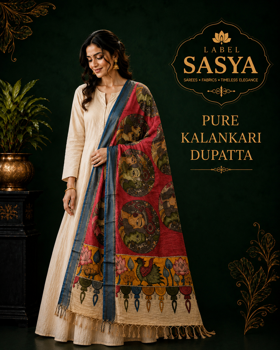 PREMIUM KALANKARI RED AND BLUE BORDER DUPATTA