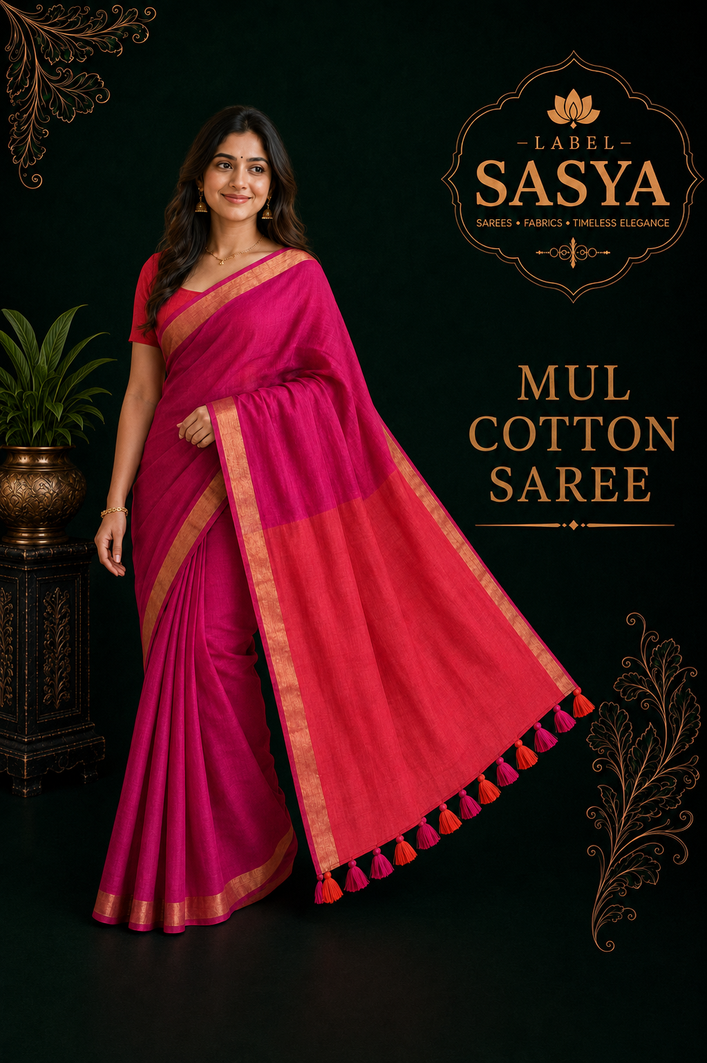 PREMIUM OFF AND OFF MUL COTTON SAREE PINK AND ORANGE