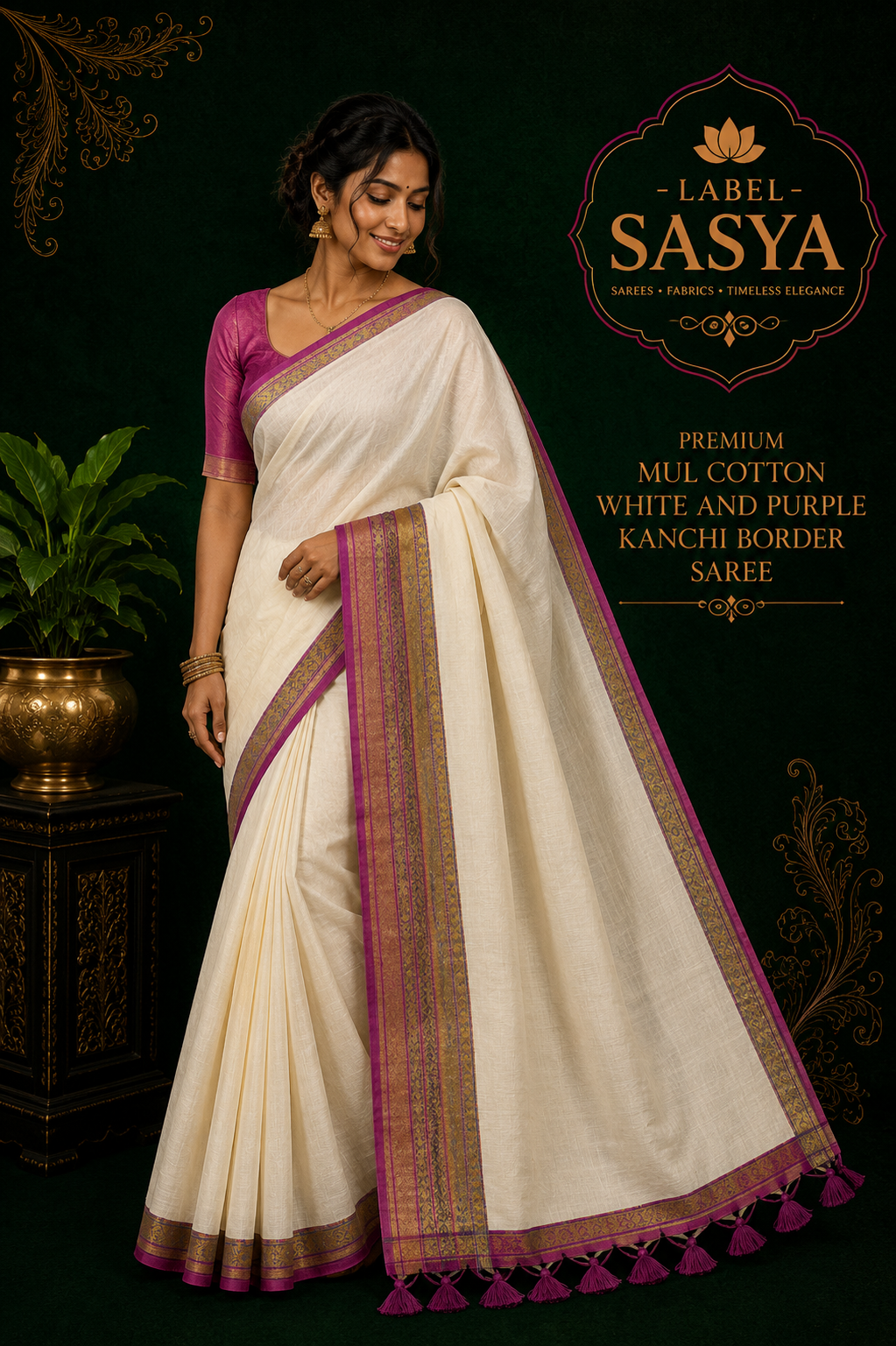 PREMIUM MUL COTTON WHITE AND PURPLE KANCHI BORDER SAREE