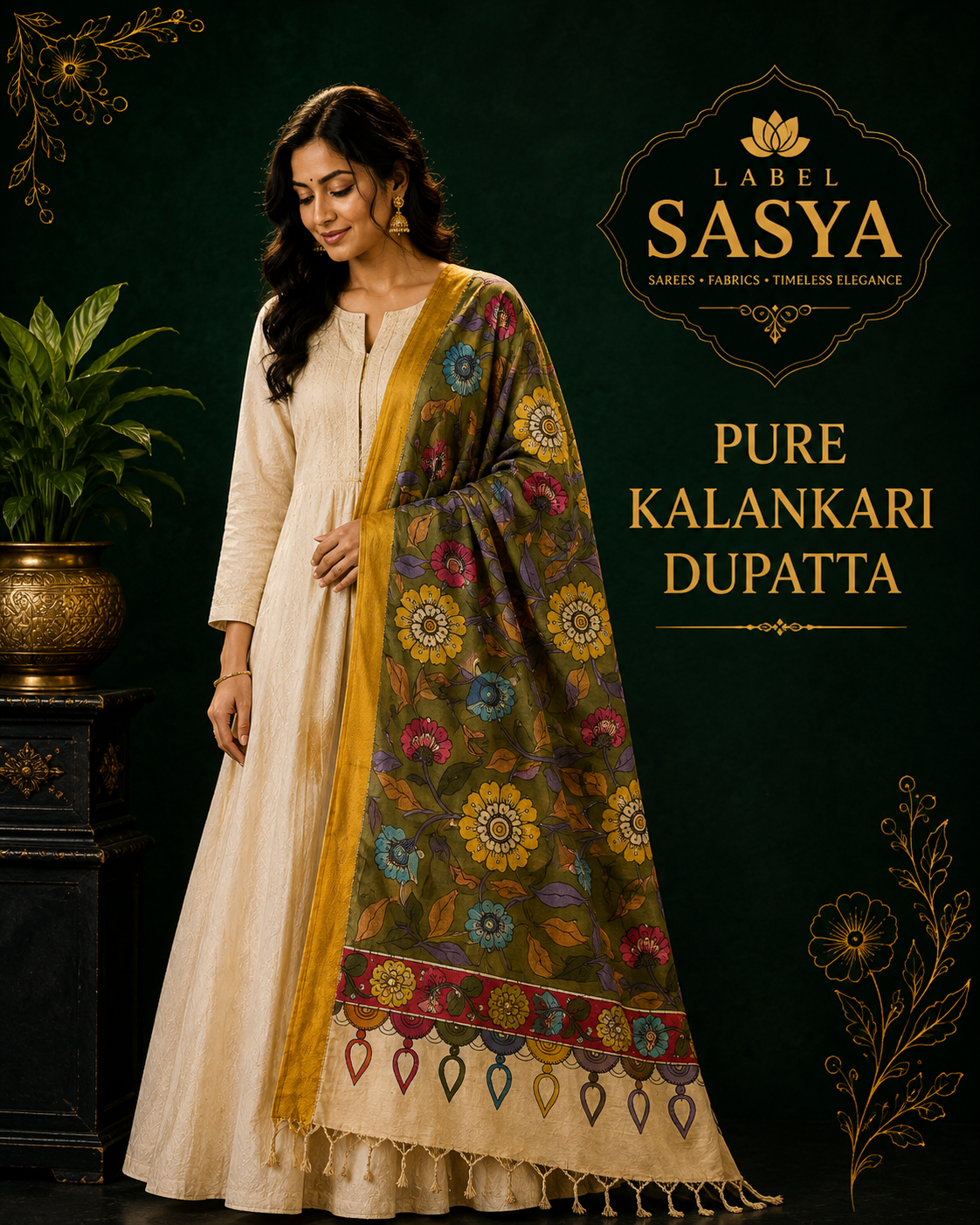 PREMIUM KALANKARI PESARA GREEN AND GOOLD BORDER DUPATTA