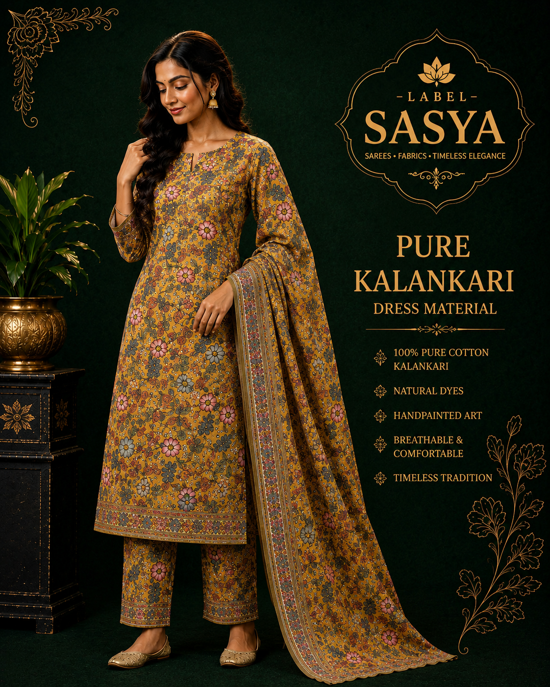 PREMIUM PURE KALANKARI DRESS MATERIAL MUSTED YELLOW 9 1/2 METERS