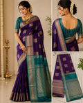 PREMIUM PATTU CONTRAST BORDER PURPLE AND TEAL SAREE