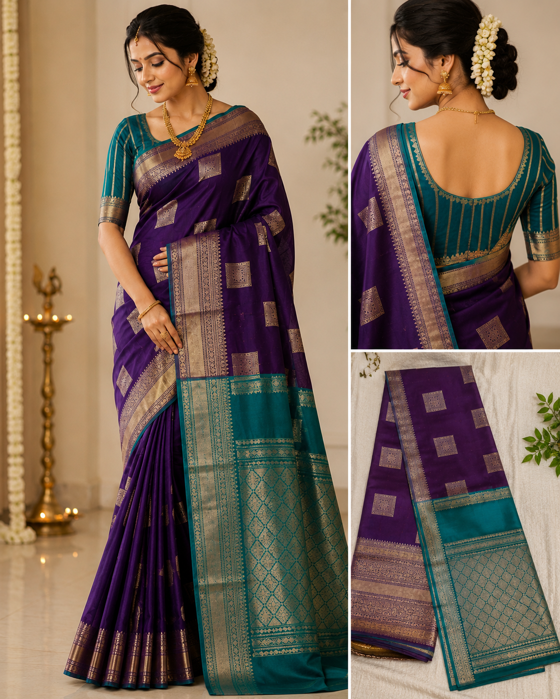 PREMIUM PATTU CONTRAST BORDER PURPLE AND TEAL SAREE