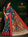 PURE KALANKARI BANGALORE SILK SAREE LIGHT BLUE AND MEROON BORDER