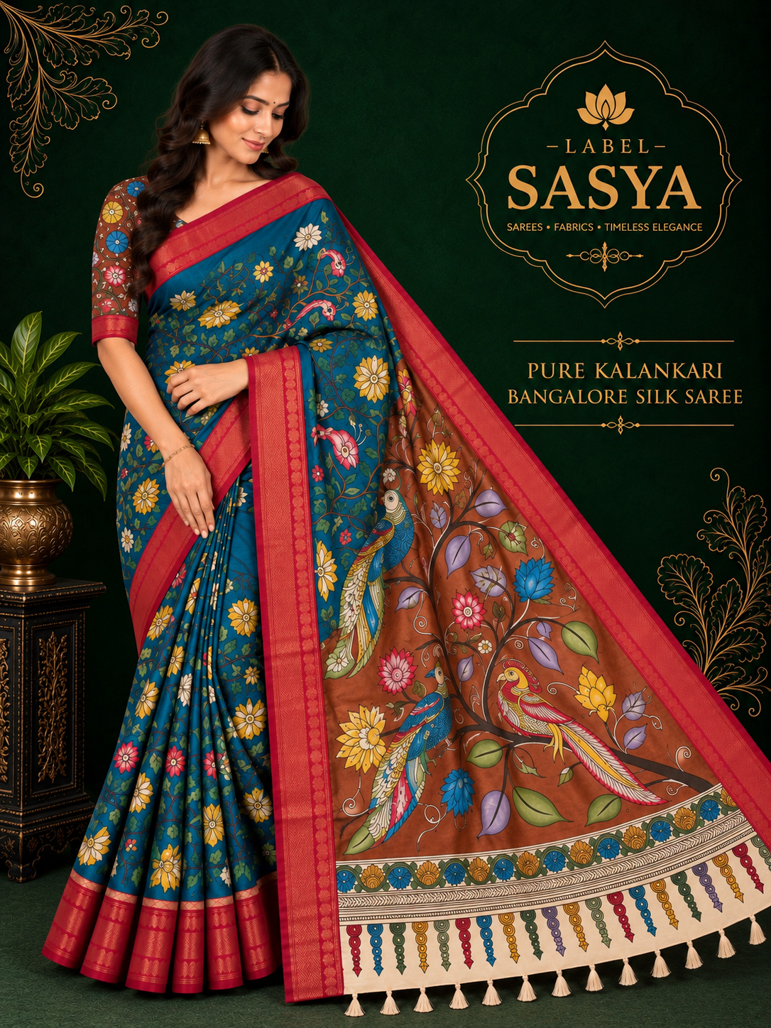 PURE KALANKARI BANGALORE SILK SAREE LIGHT BLUE AND MEROON BORDER