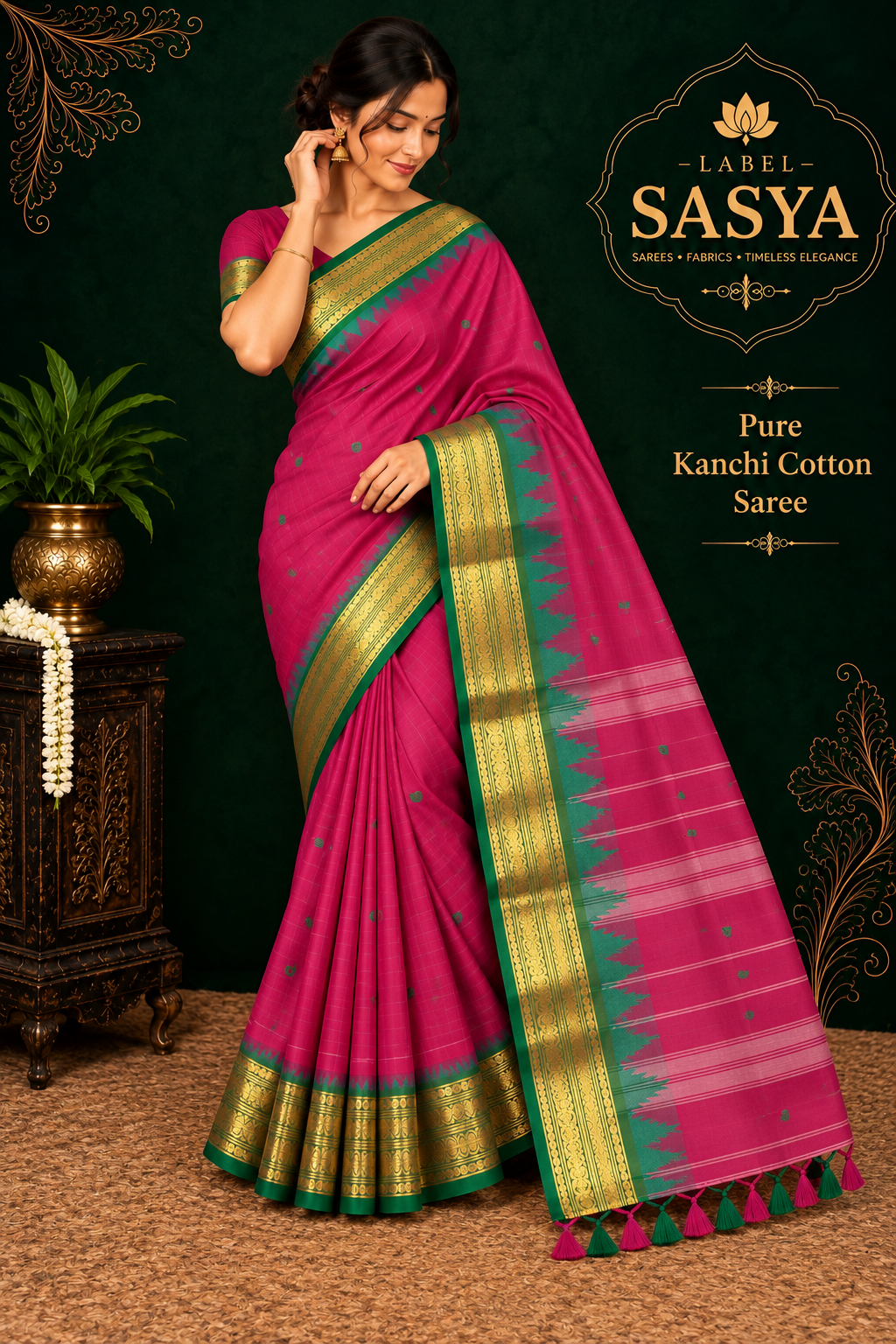 PREMIUM KANCHI COTTON SAREE BIG BORDER PINK COLOUR