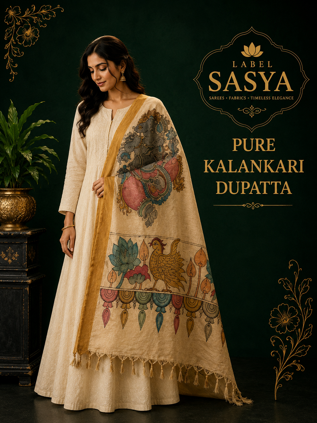 PREMIUM KALANKARI DUPATTA CREAM AND GOLD BORDER