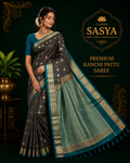 PREMIUM KANCHI  PATTU SAREE DARK BROWAN AND SKY BLUE BUTTAS