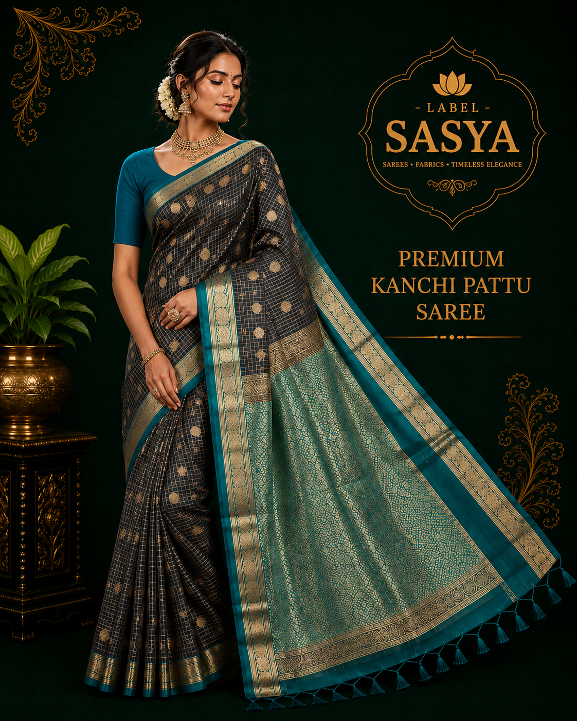 PREMIUM KANCHI  PATTU SAREE DARK BROWAN AND SKY BLUE BUTTAS
