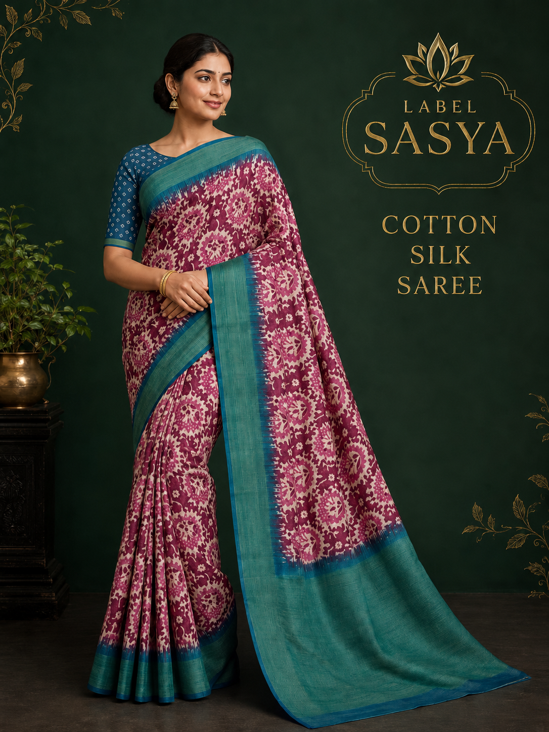 PREMIUM COTTON SILK SAREE MEGENTA AND BLUE BORDER