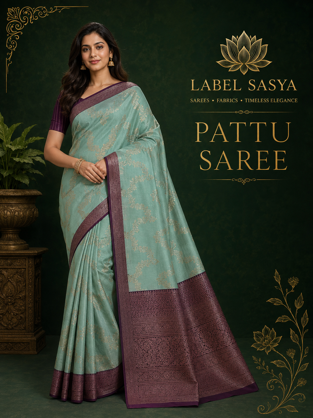 PREMIUM PATTU CONTRAST TEAL AND PURPLE BORDER