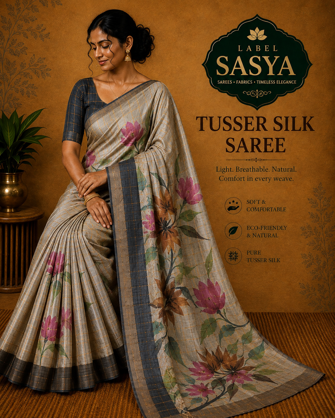 PREMIUM PURE TUSSER CHECKS SAREE ASH AND PINK SAREE