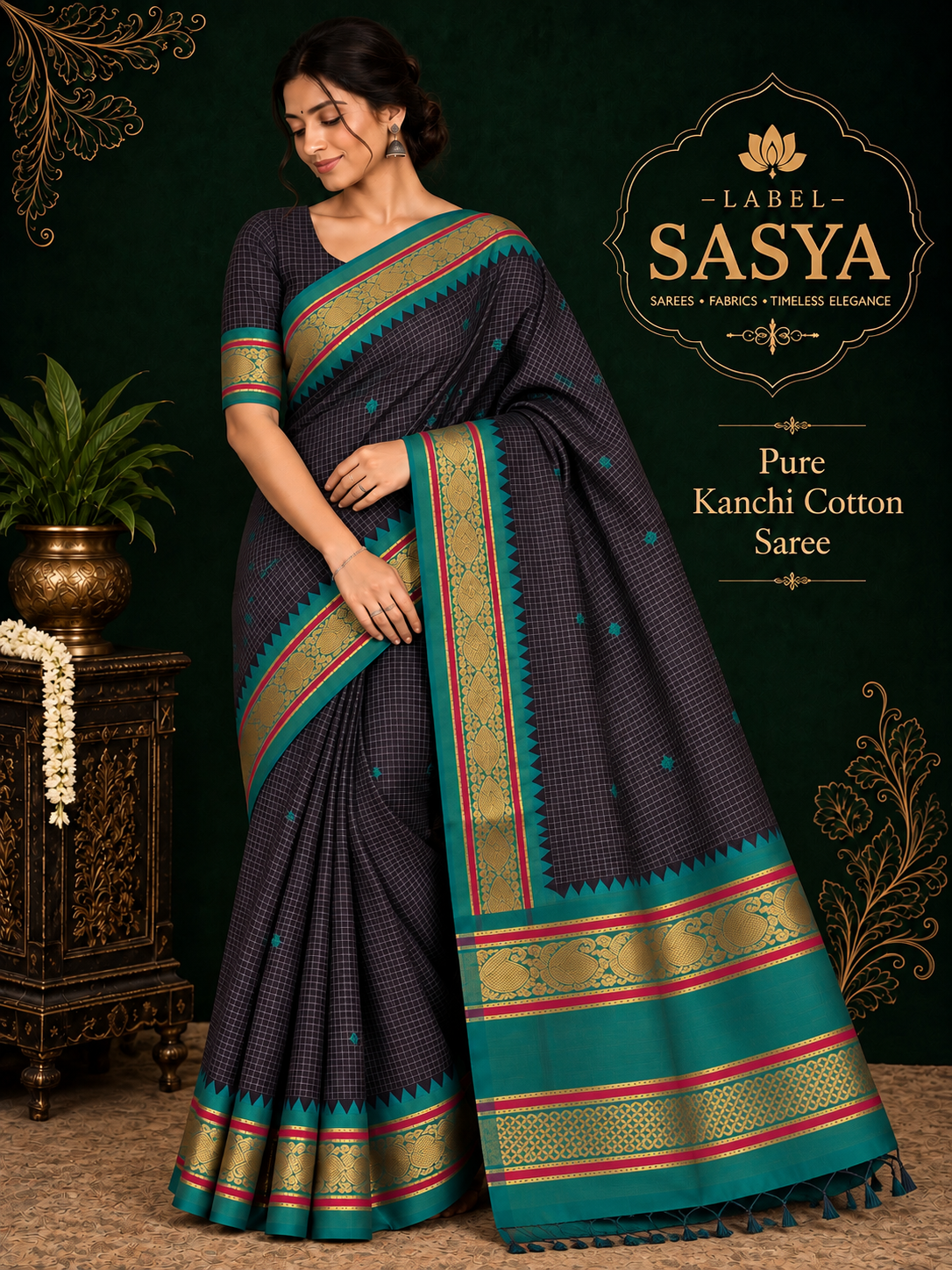PREMIUM KANCHI CHECKS GAP BORDER SAREE DARK BLUE
