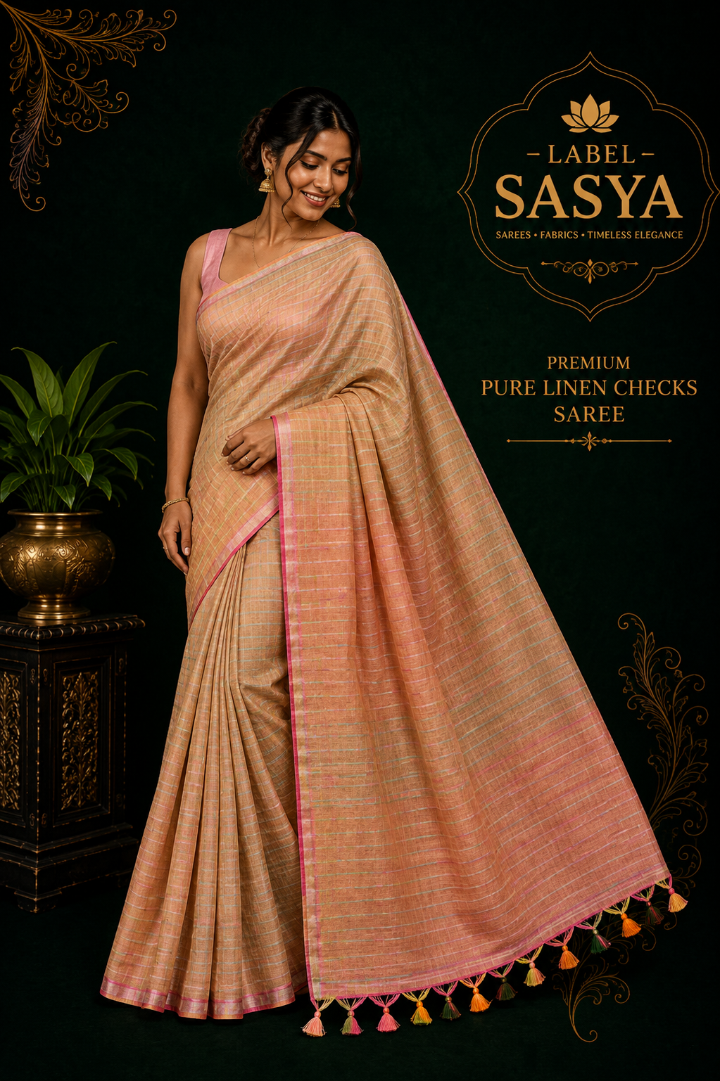 PREMIUM PURE LENIN CHECKS SAREE MULTI COLOUR