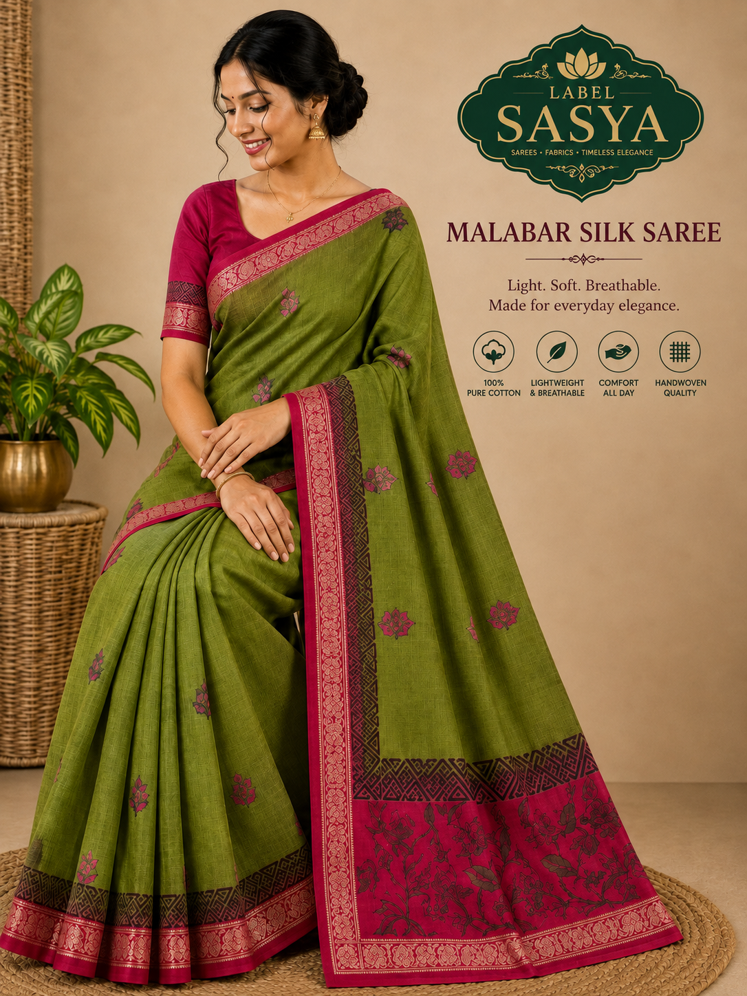PREMIUM GREEN AND RED MALABAR SILK SAREE