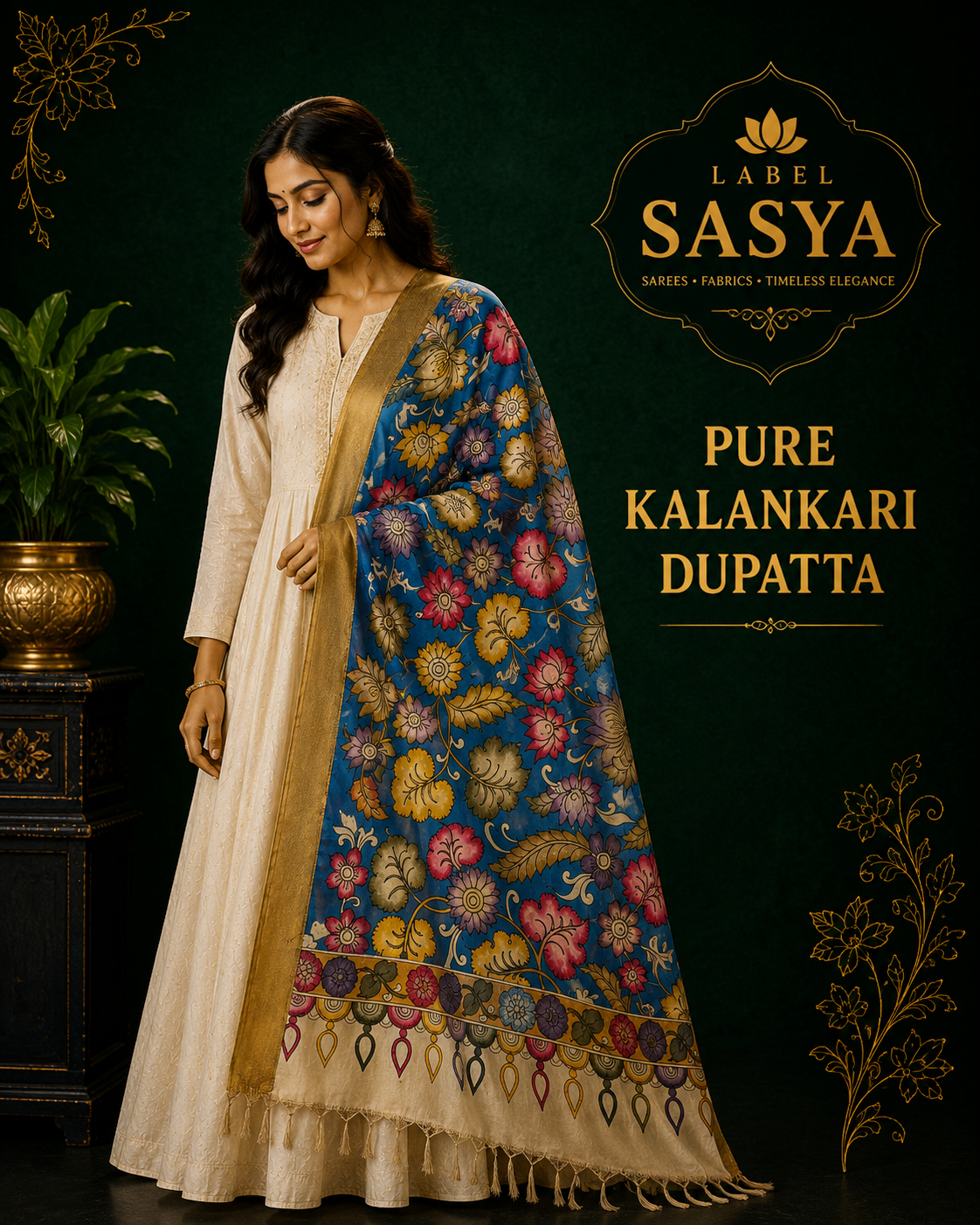 PREMIUM PURE  KALANKARI BULE AND PESARA GREEN BORDER DUPATTA