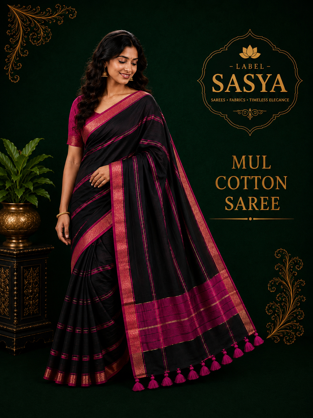 PREMIUM MUL COTTON BLACK AND PINK  BUTTAS SAREE