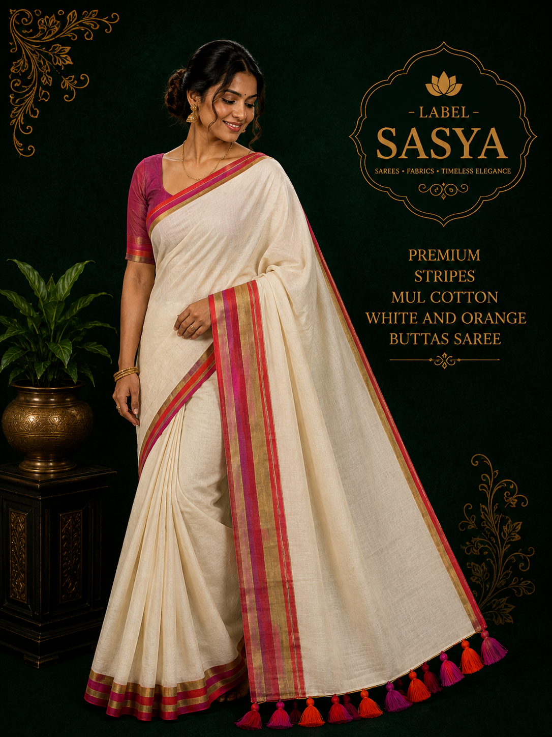 PREMIUM STRIPES MUL COTTON WHITE AND ORANGE BUTTAS SAREE