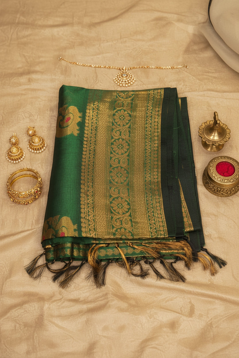 BEAUTIFUL VINTAGE PURE MANGALAGIRI PATTU SAREE IN RICH GREEN COLOR WITH GAP BORDER