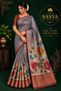 PREMIUM TUSSER CHECKS SAREE ASH AND KALANKARI BORDER