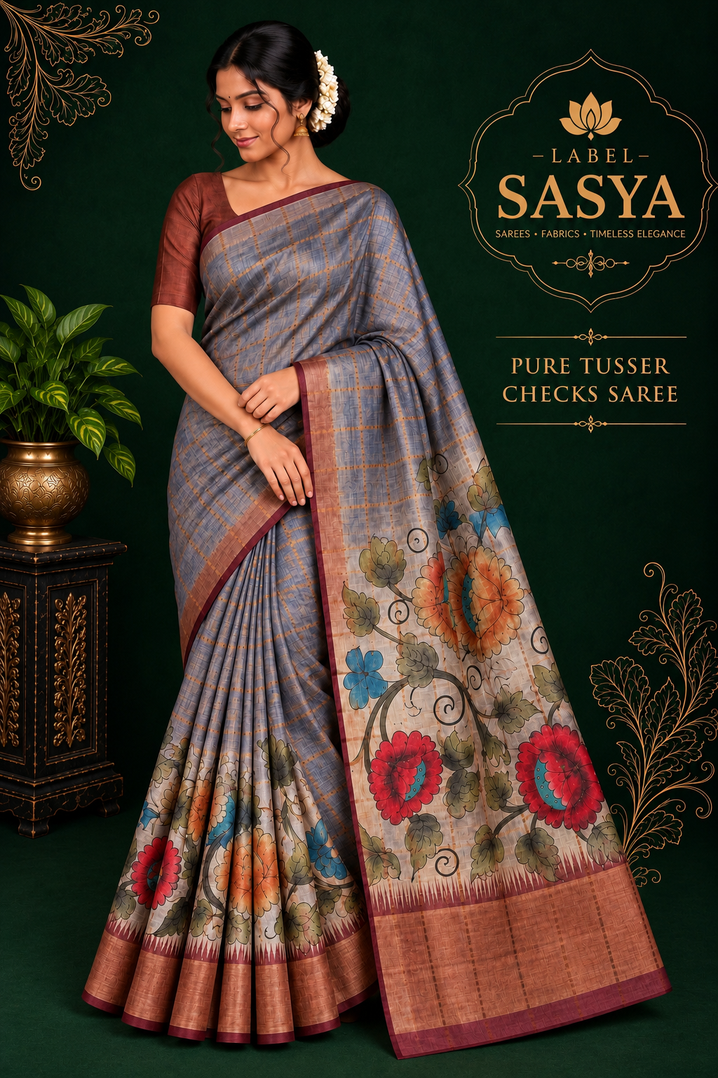 PREMIUM TUSSER CHECKS SAREE ASH AND KALANKARI BORDER