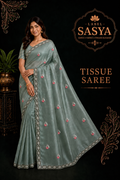 PREMIUM TISSUE SAREE SKY BLUE LASE WORK