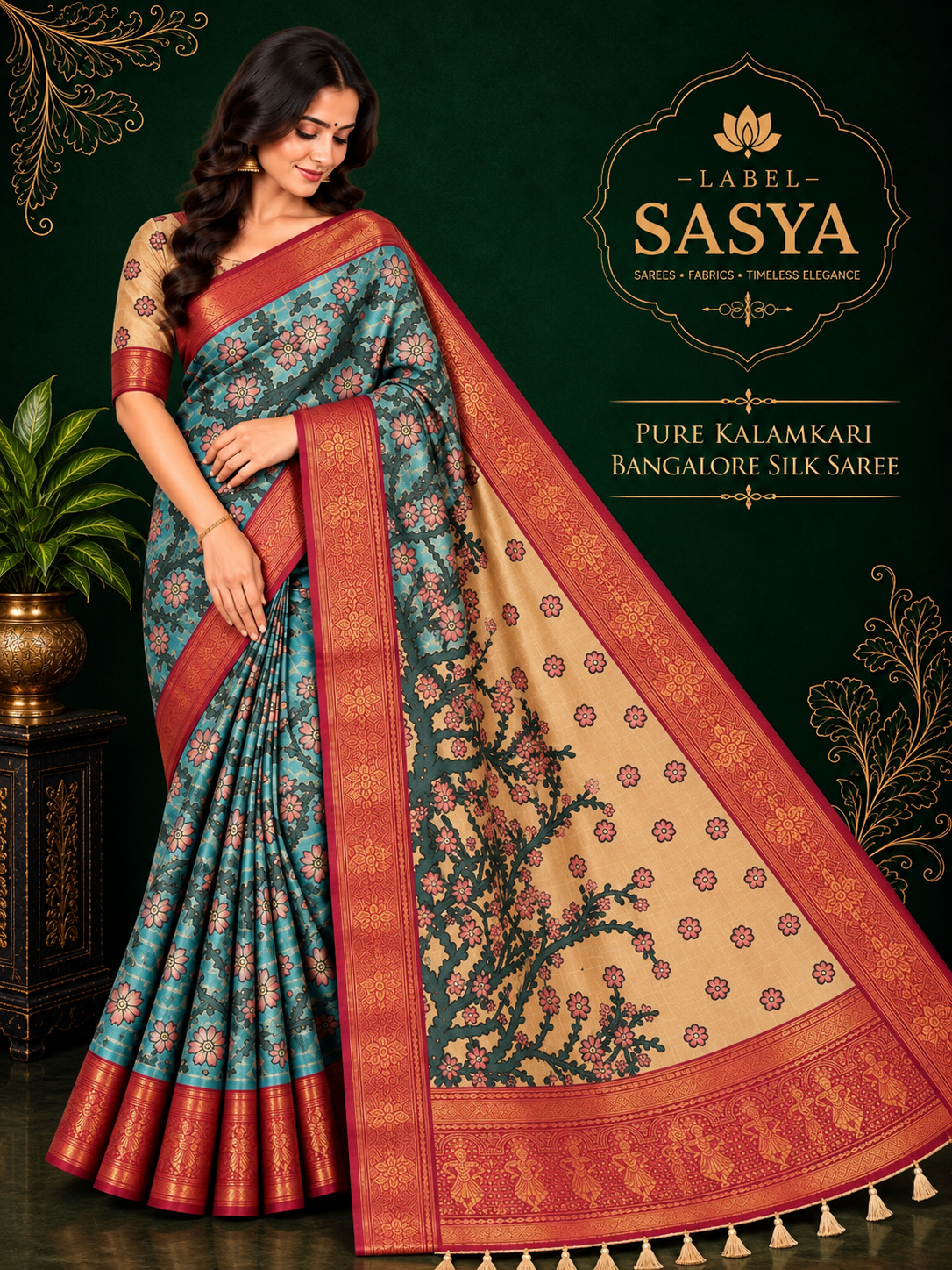 PREMIUM PURE KALANKARI BANGALORE SILK BLUE AND RED BORDER