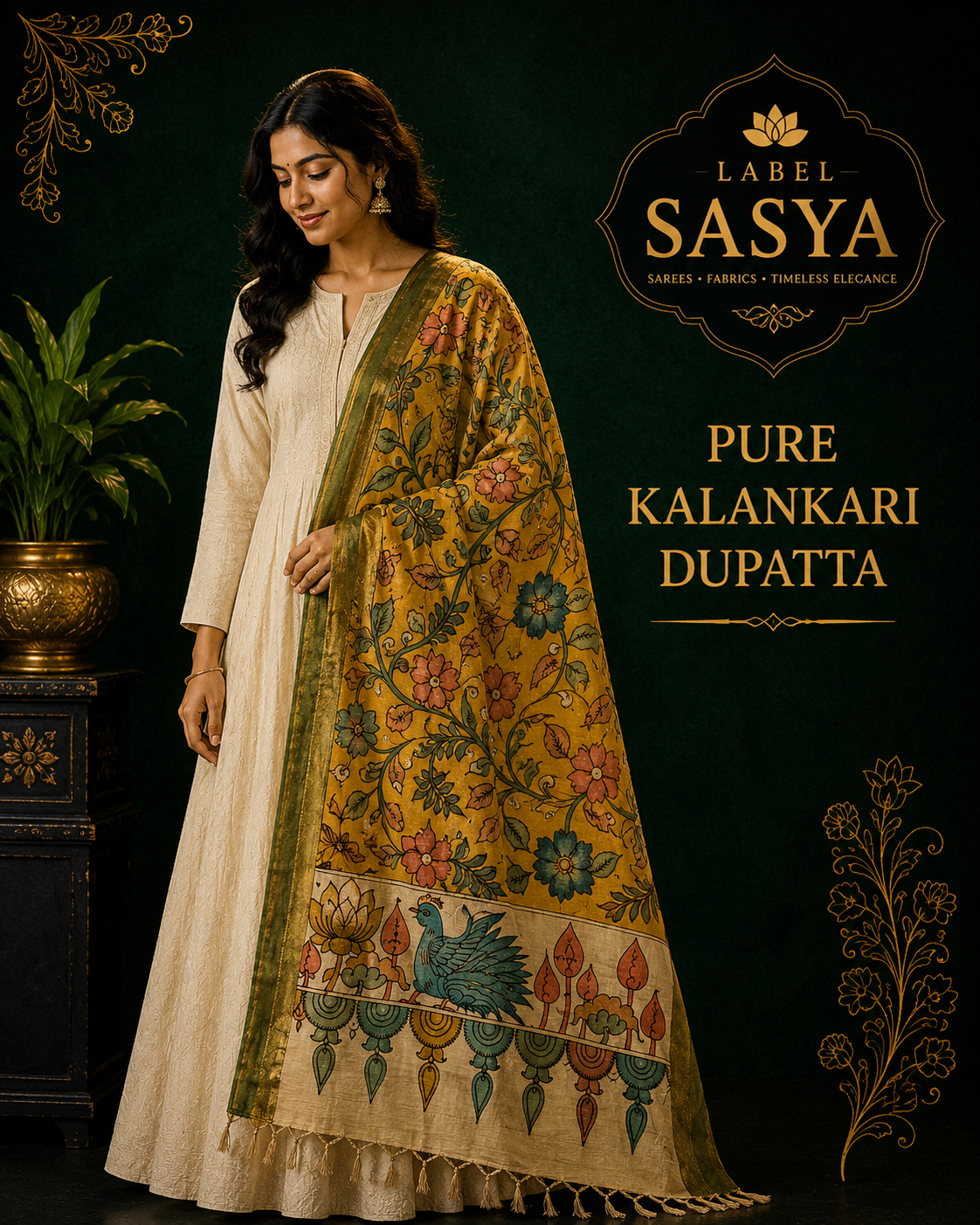 PREMIUM PURE KALANKARI YELLOW AND PESARA GREEN BORDER DUPATTA
