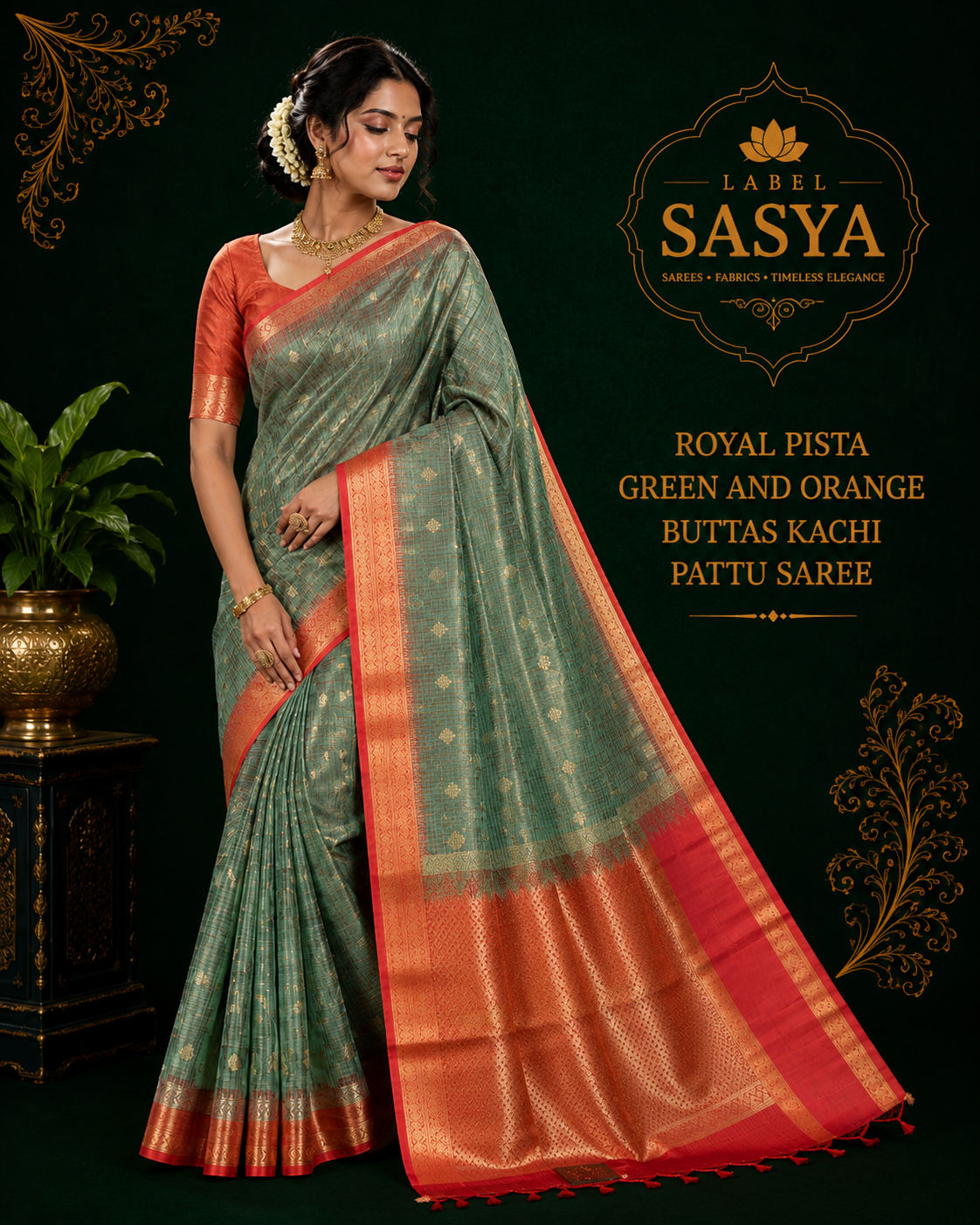 ROYAL PISTA GREEN AND ORANGE BUTTAS KACHI PATTU SAREE