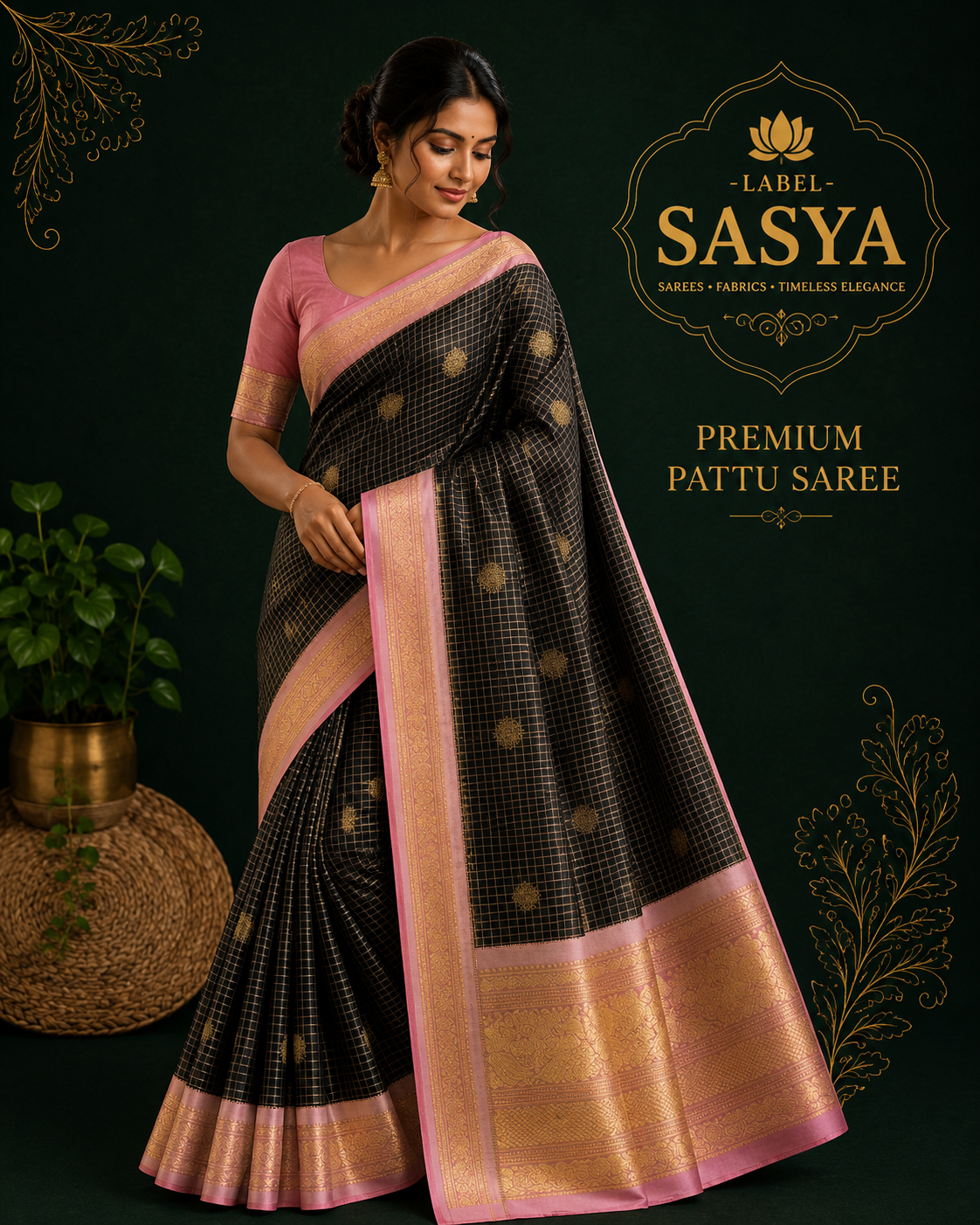 PREMIUM PURE KANCHI VINTAGE PATTU SAREE BLACK AND LIGHT PINK KANCHI BORDER
