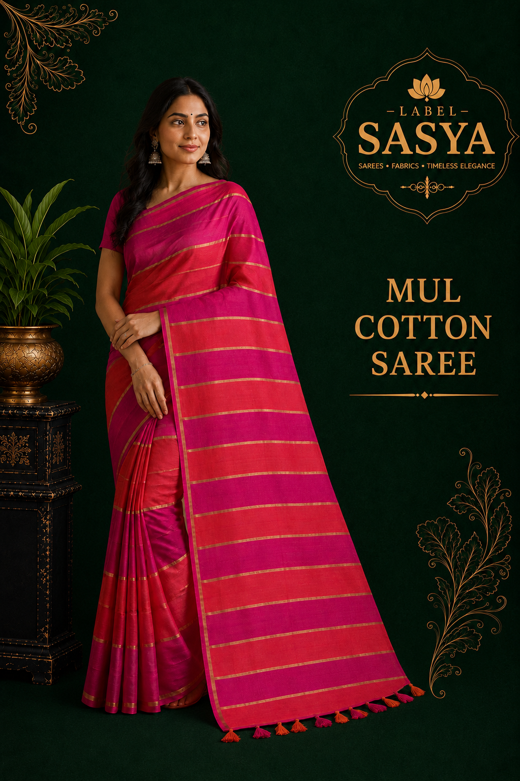 PREMIUM  RAINBOW MUL COTTON  SAREE PINK & ORANGE
