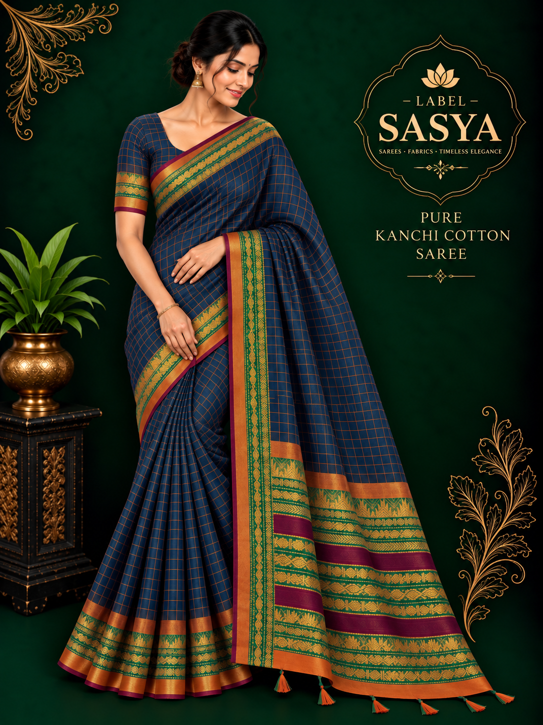 PREMIUM KANCHI COTTON SAREE CHECKS BUTTAS  BLUE COLOUR