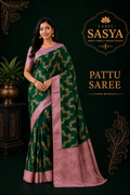 PREMIUM PATTU CONTRAST BORDER GREEN AND PINK SAREE