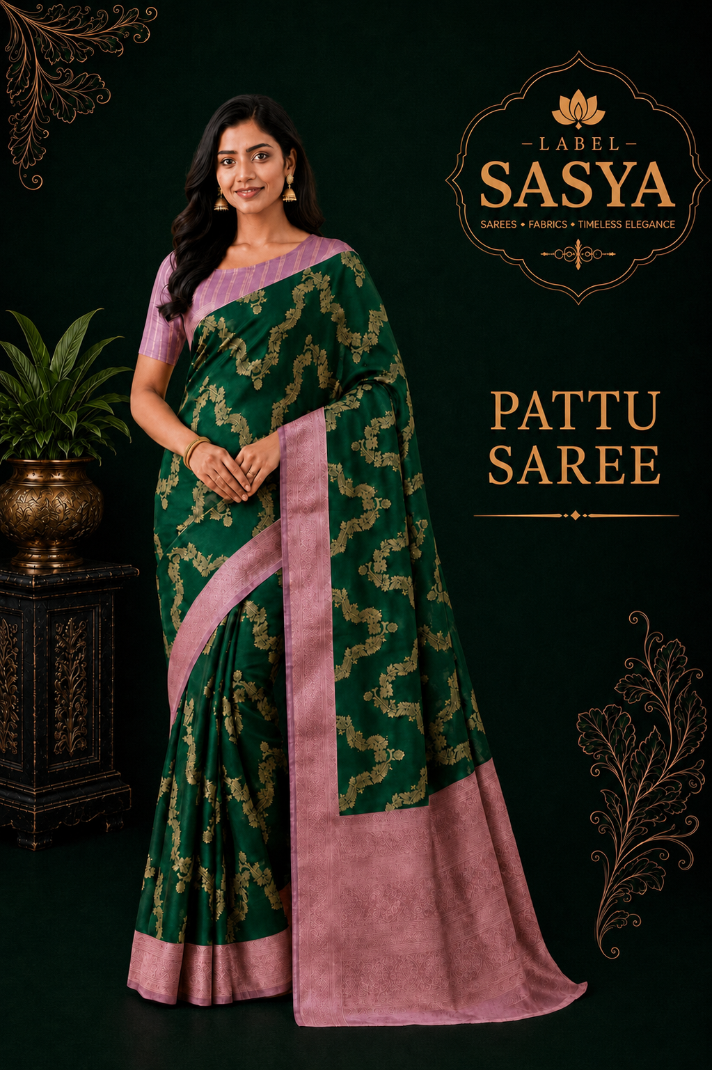 PREMIUM PATTU CONTRAST BORDER GREEN AND PINK SAREE