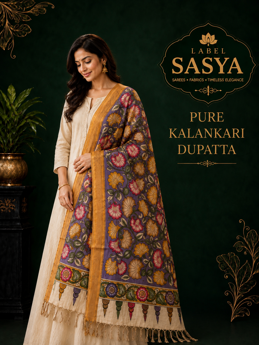 PREMIUM KALANKARI PURPLE AND GOLD BORDER DUPATTA