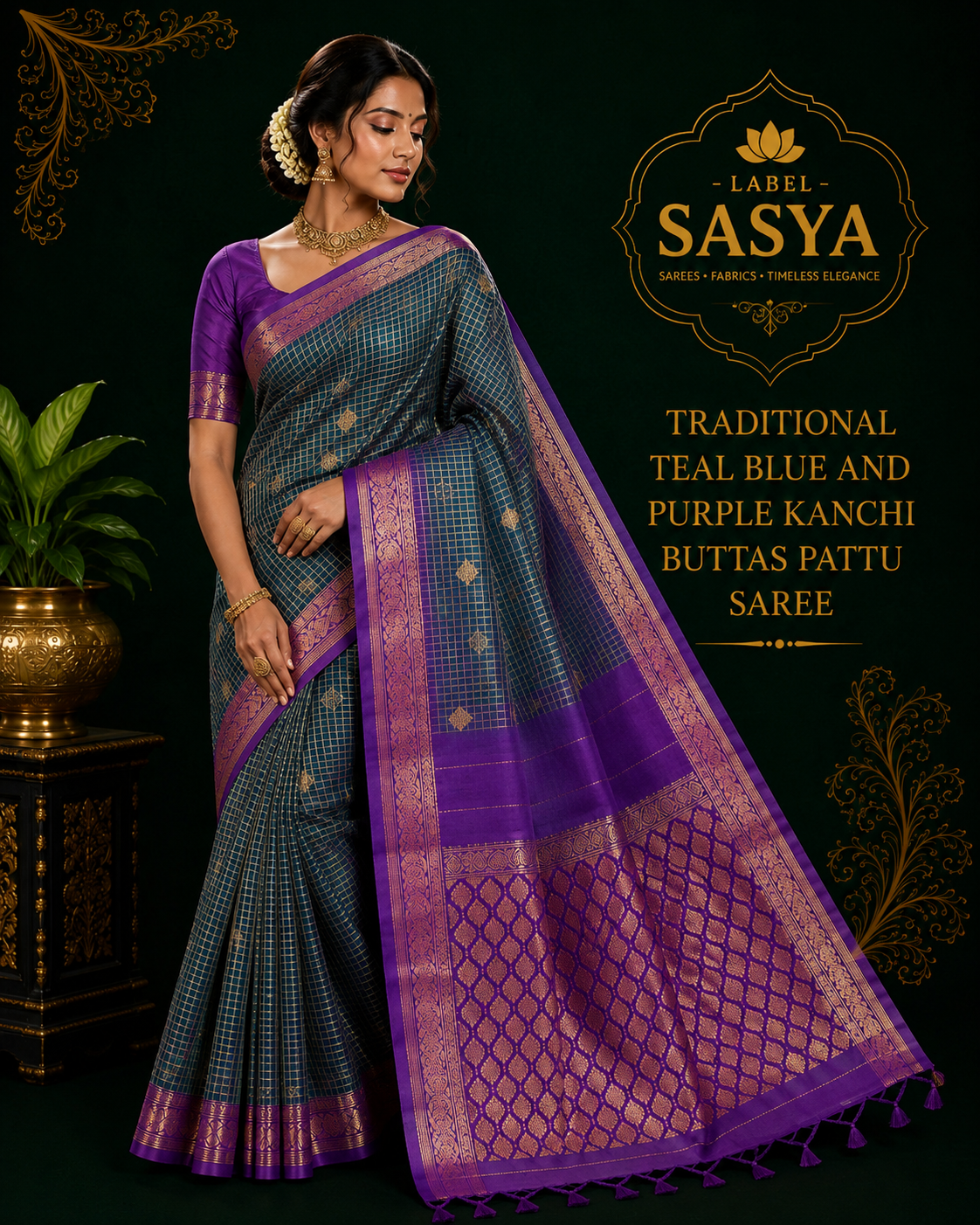TRADITIONAL TEAL BLUE  AND PURPLE KNCHI  BUTTAS PATTU SAREE