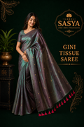 PREMIUM GINI TISSUE SAREE GREEN AND PINK BUTTAS