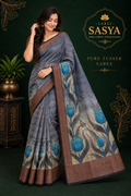 PREMIUM PURE TUSSER CHECKS ELEPHANT BLUE SAREE