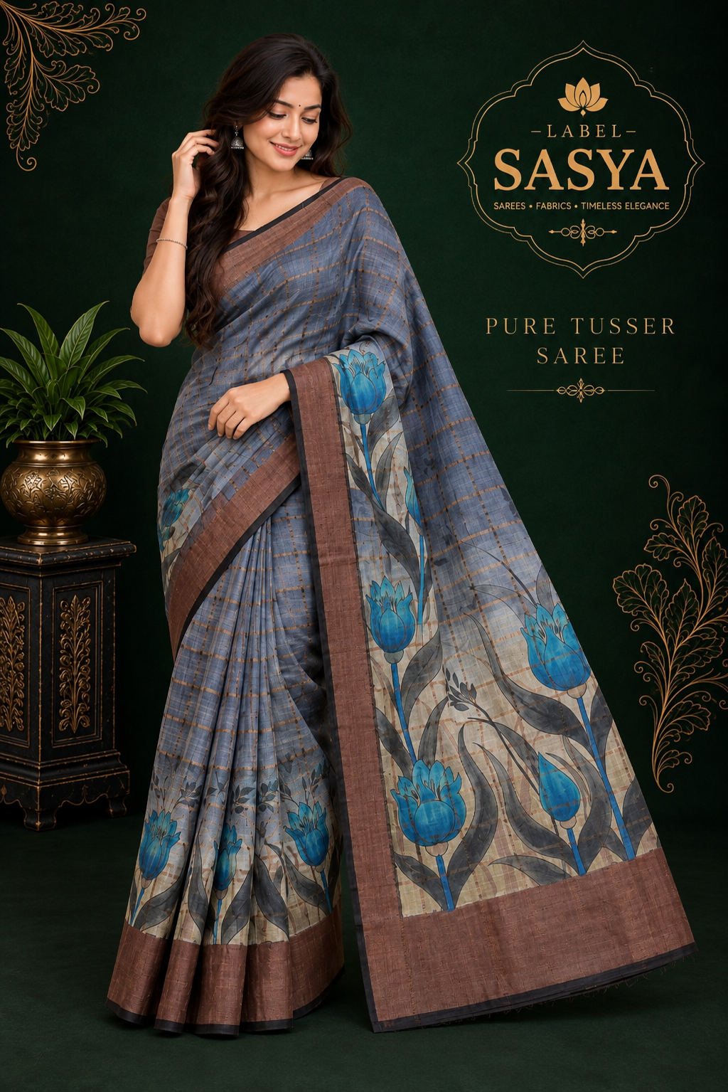PREMIUM PURE TUSSER CHECKS ELEPHANT BLUE SAREE