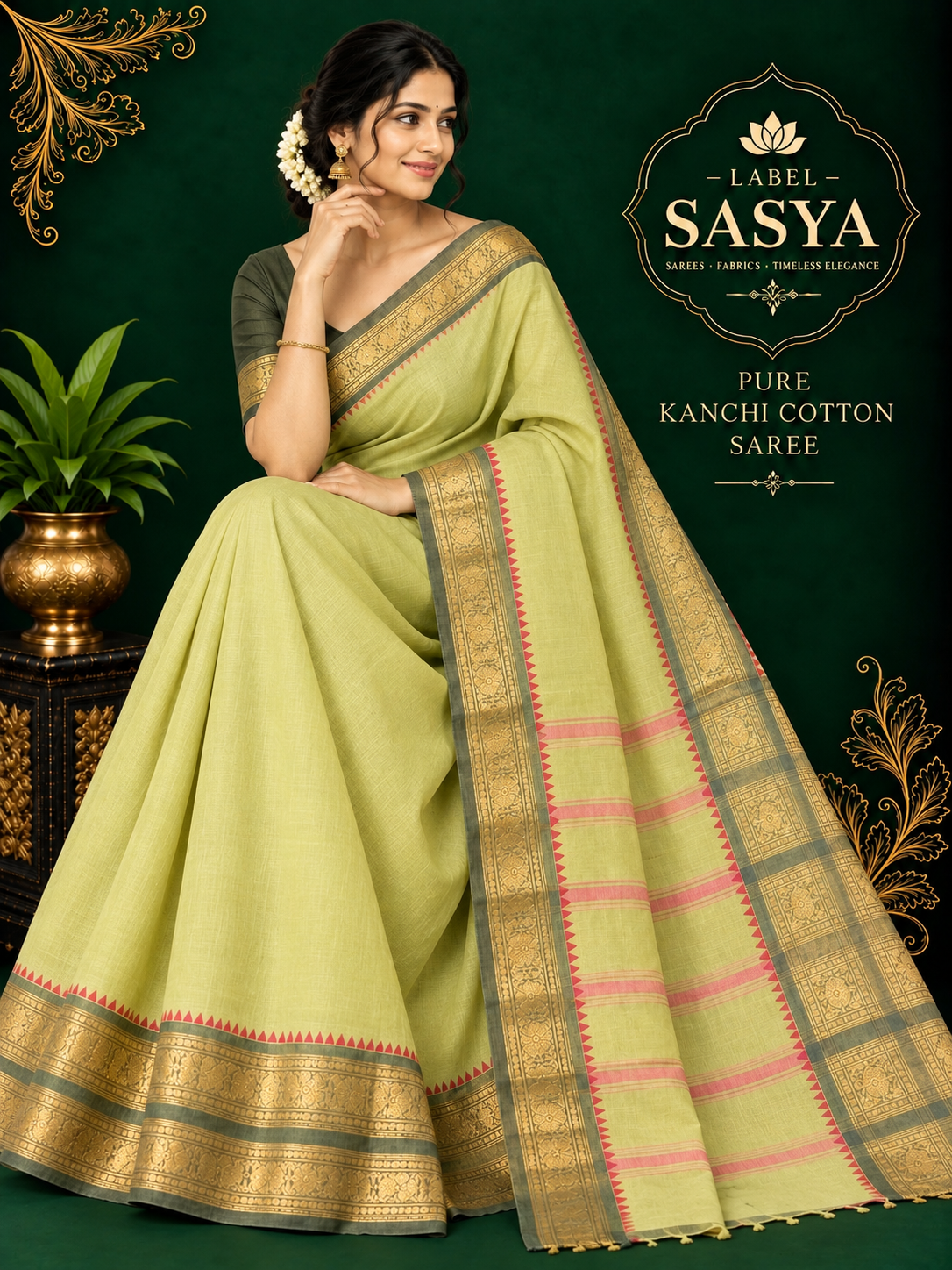 PREMIUM PURE KANCHI COTTON SAREE BIG BORDER MUSTED YELLOW